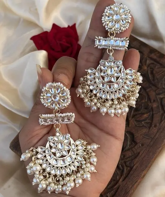 Kundan Jadau Earrings, Matte gold Earrings, Kundan, Indian Earrings, pearl, Pakistani Earrings, Statement Earrings