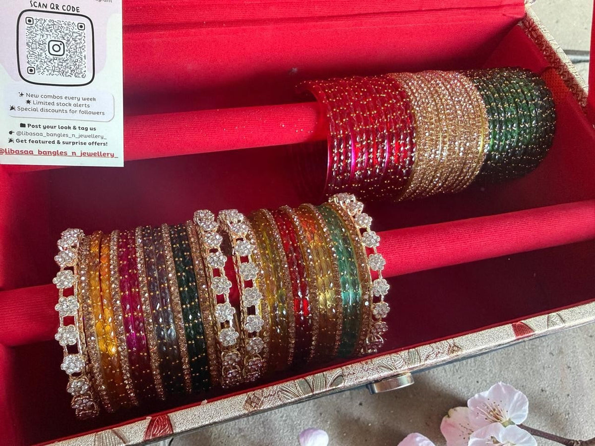 Indian New Glass Gold Stone Bangles with Raindrop Design Ad Kada Set Combo | Bridal Bangle Set | Traditional Indian Jewellery Bangles Set