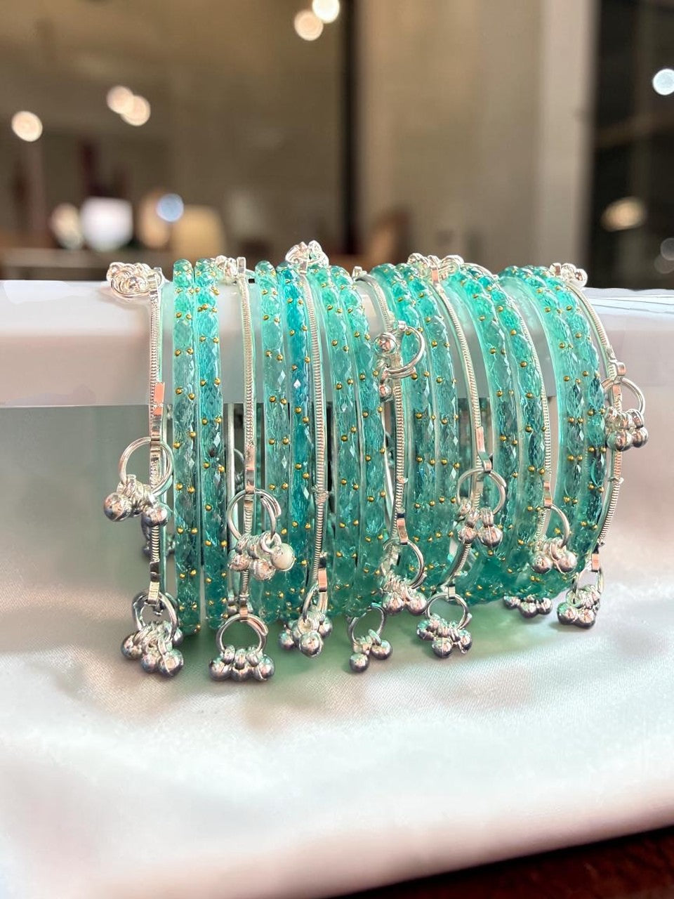 Raindrop Glass Bangles with Silver Kashmiri Ghunghroo | Bridal Traditional Indian Bangle Set for Women, Festive & Wedding Wear Jewelry