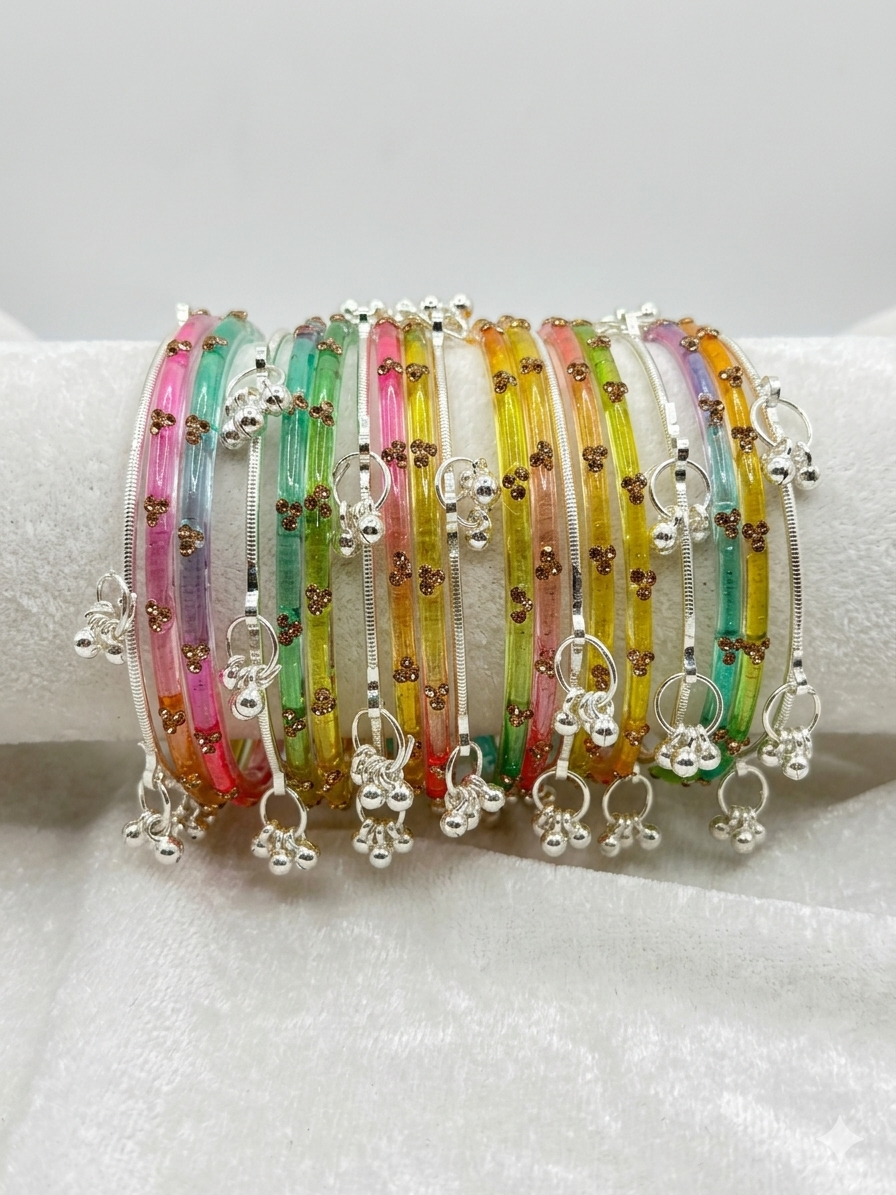 Glass Stone Bangles with Silver Kashmiri Ghunghroo | Bridal Traditional Indian Bangle Set for Women, Festive & Wedding Wear Jewelry