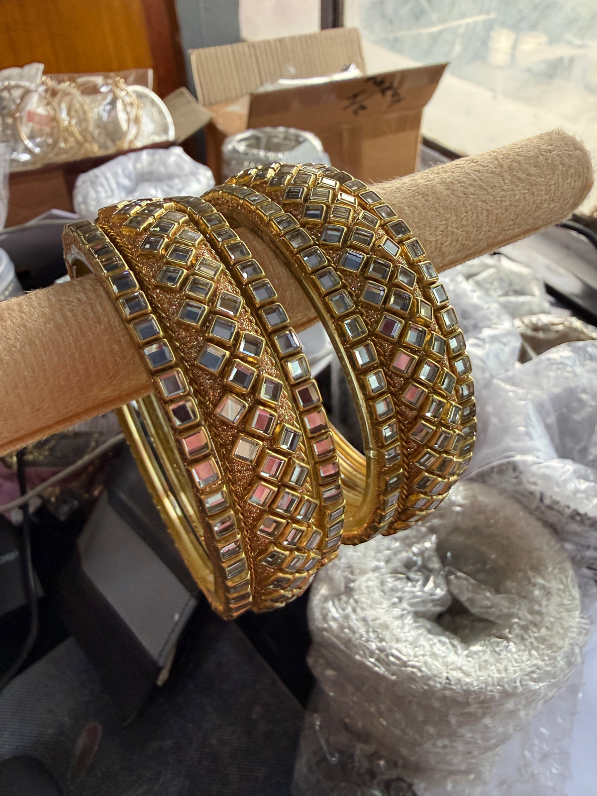 Designer Glass Bangles Set for Women | Premium Gold Plated Mirror Stone Bangles | Traditional Indian Wedding & Party Wear Chudi Set
