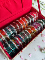 Jelly Glossy Glass Crystal Silver Kashmiri Ghunghroo Bangles Set for Women | Colorful Transparent Korean Style Bangles Combo | 12 Vibrant Colour 8 Bangles Per Packet Trendy Fashion Chudi Set