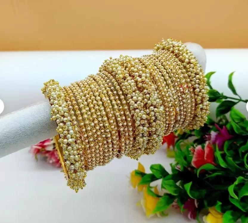 Gold plated pearl cluster bangle set, Indian bangles, Cluster bangles, Wedding bridal handmade bangles, Traditional bangles, Gift for women - Libasaa