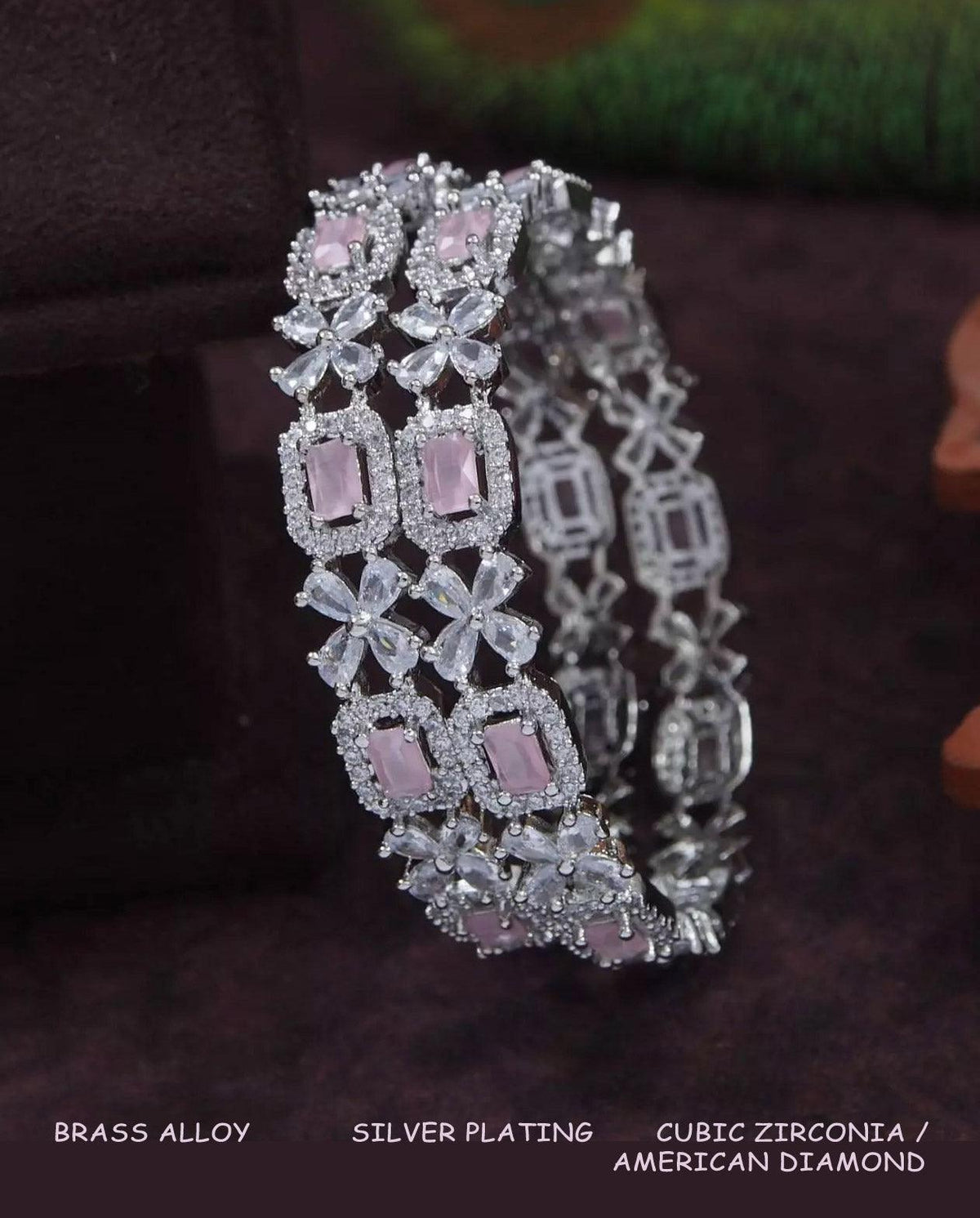 Indian Rose Gold Finish American Diamond CZ Bangles, CZ stone bangles, Indian wedding {Set Of 2} Emerald Octagon White Pear & CZ Round Stone - Libasaa