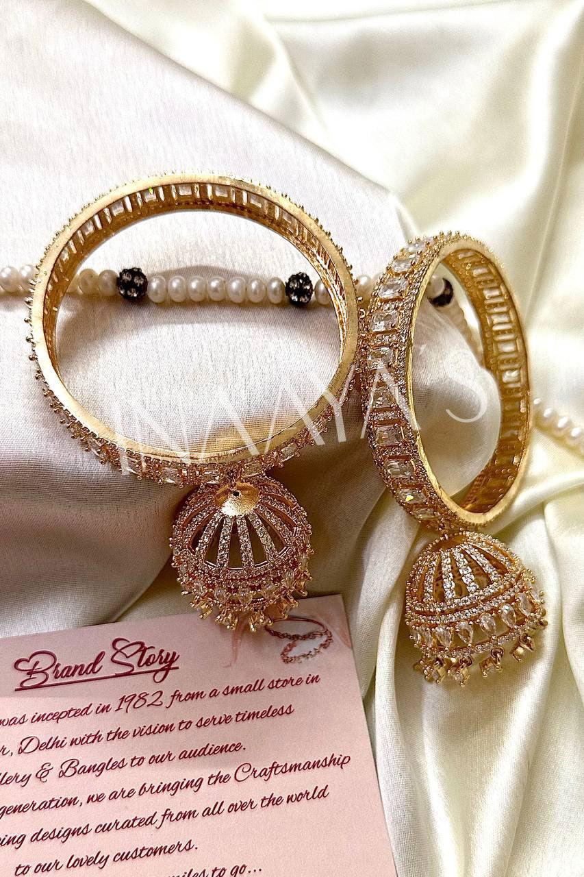 Golden Premium AD Stone Jhumki Drop Bangle Set, Indian Asian Bangles Churiya Bangle Set Kangan Bangles Pack Of 2. - Libasaa