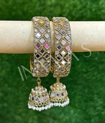 Satin Gold Mirror Jhumka Bangles Set, Mirror Bangles, Jhumki Bangles, handcrafted set of 2 golden color bangles, bracelet - Libasaa