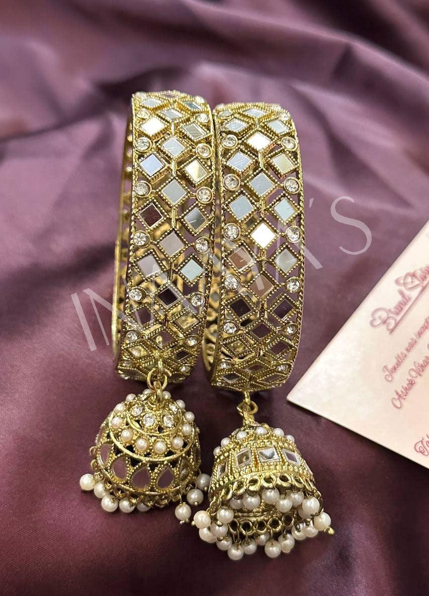 Satin Gold Mirror Jhumka Bangles Set, Mirror Bangles, Jhumki Bangles, handcrafted set of 2 golden color bangles, bracelet - Libasaa
