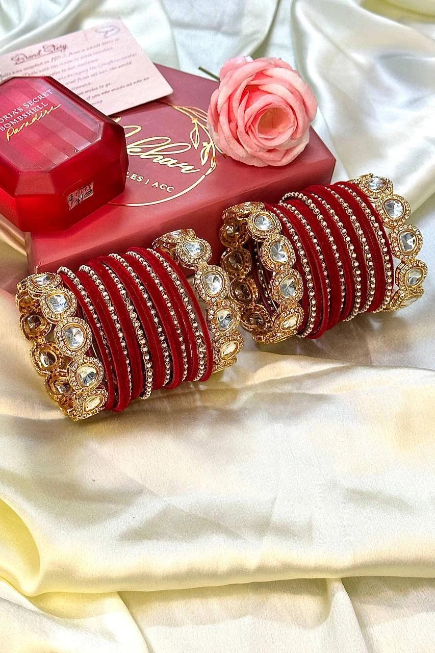 Rose Velvet Bridal Bangles Set, Wedding Bangles, Colorful Beautiful Fashion Bangles, Gold Lux Set, Special Festive Occasions, Eid - Libasaa