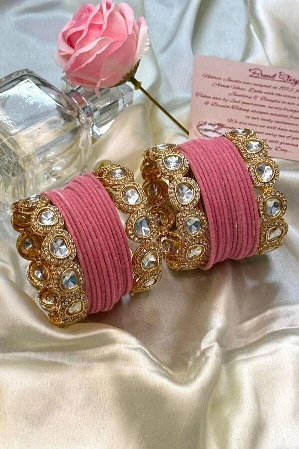 Rose Velvet Bridal Bangles Set, Wedding Bangles, Colorful Beautiful Fashion Bangles, Gold Lux Set, Special Festive Occasions, Eid - Libasaa