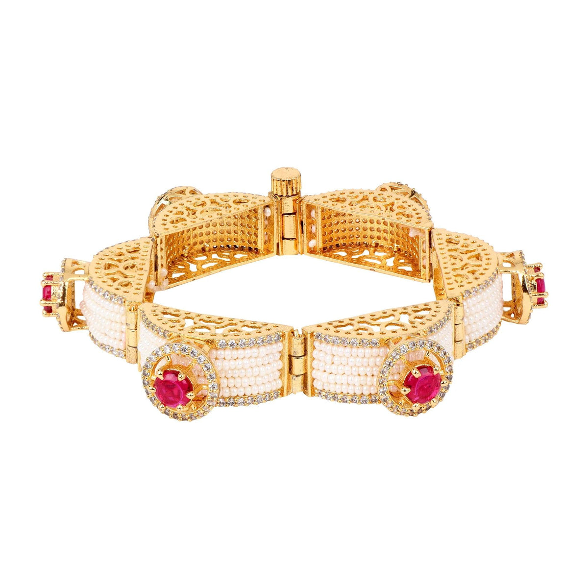 Kundan Bracelet, Pink Stones & White Pearls Beaded Chain Bracelet, Indian traditional bracelet, Bollywood Indian Jewelry | Gifts for Her - Libasaa