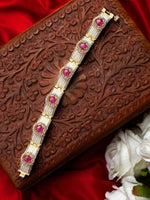 Kundan Bracelet, Pink Stones & White Pearls Beaded Chain Bracelet, Indian traditional bracelet, Bollywood Indian Jewelry | Gifts for Her - Libasaa