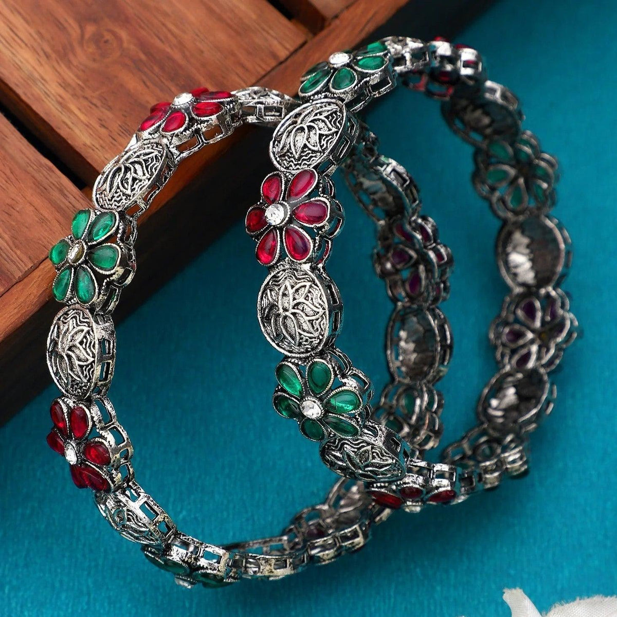 Oxidized Silver Meenakari Bangles, German Silver Oxidized Bangles, Silver Bracelet, Indian Bangles, Pink & Green Antique Ethnic Jewelry - Libasaa