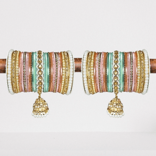 Pink & Mint Bridal Jhumki Bangles Set, Stones Pearl work, Wedding bangles, Indian Jewelry, Bridal Bangles Wedding Navratri Bollywood Bangles - Libasaa