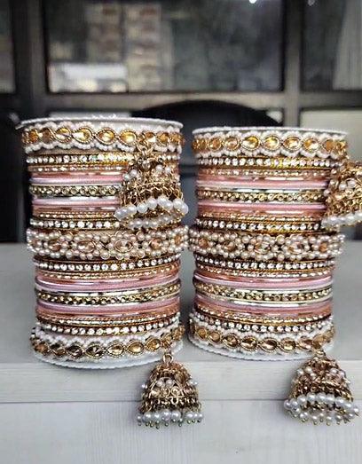 Pink Pearl Indian Bangles Bracelet Set with Jhumki Borders, Indian wedding bangle set, Indian Pakistani South Asian Bridal, Hand Jewellery - Libasaa