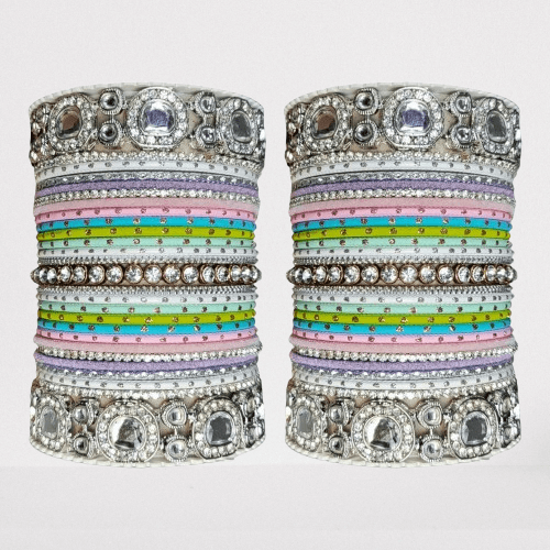 Bollywood Multicolor Silver Kundan Bangle Set - Libasaa