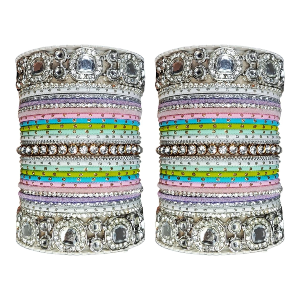 Bollywood Multicolor Silver Kundan Bangle Set - Libasaa