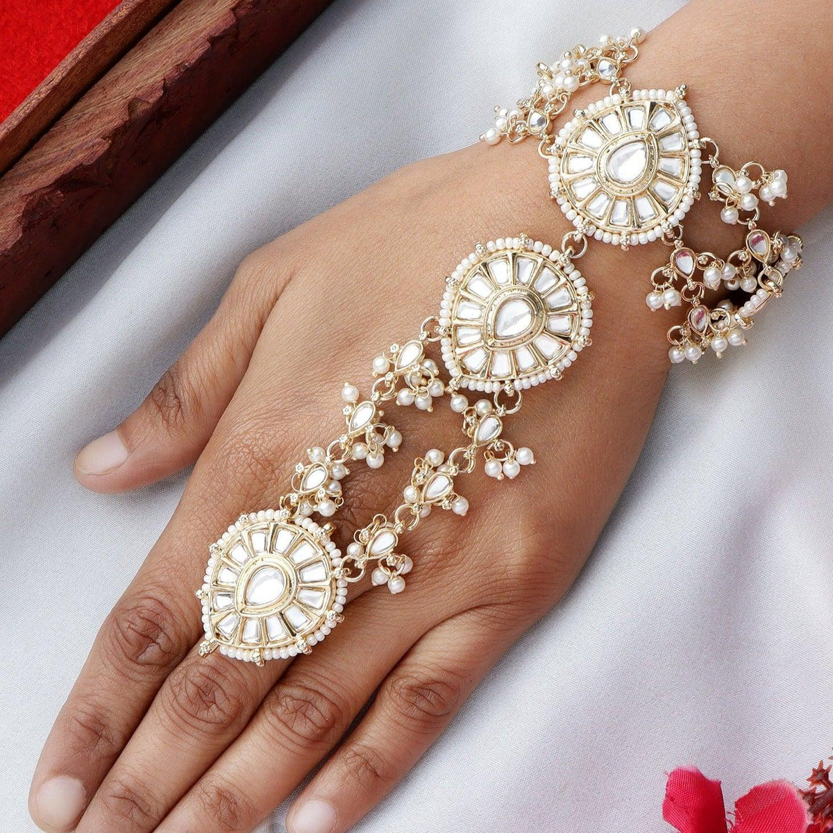 Bridal Kundan Stones Pearl Adjustable Haath Phool, Bridal Hand Harness, Kundan Stones Ring Bracelet, Indian Jewelry, Gift for Her, Set of 2 - Libasaa