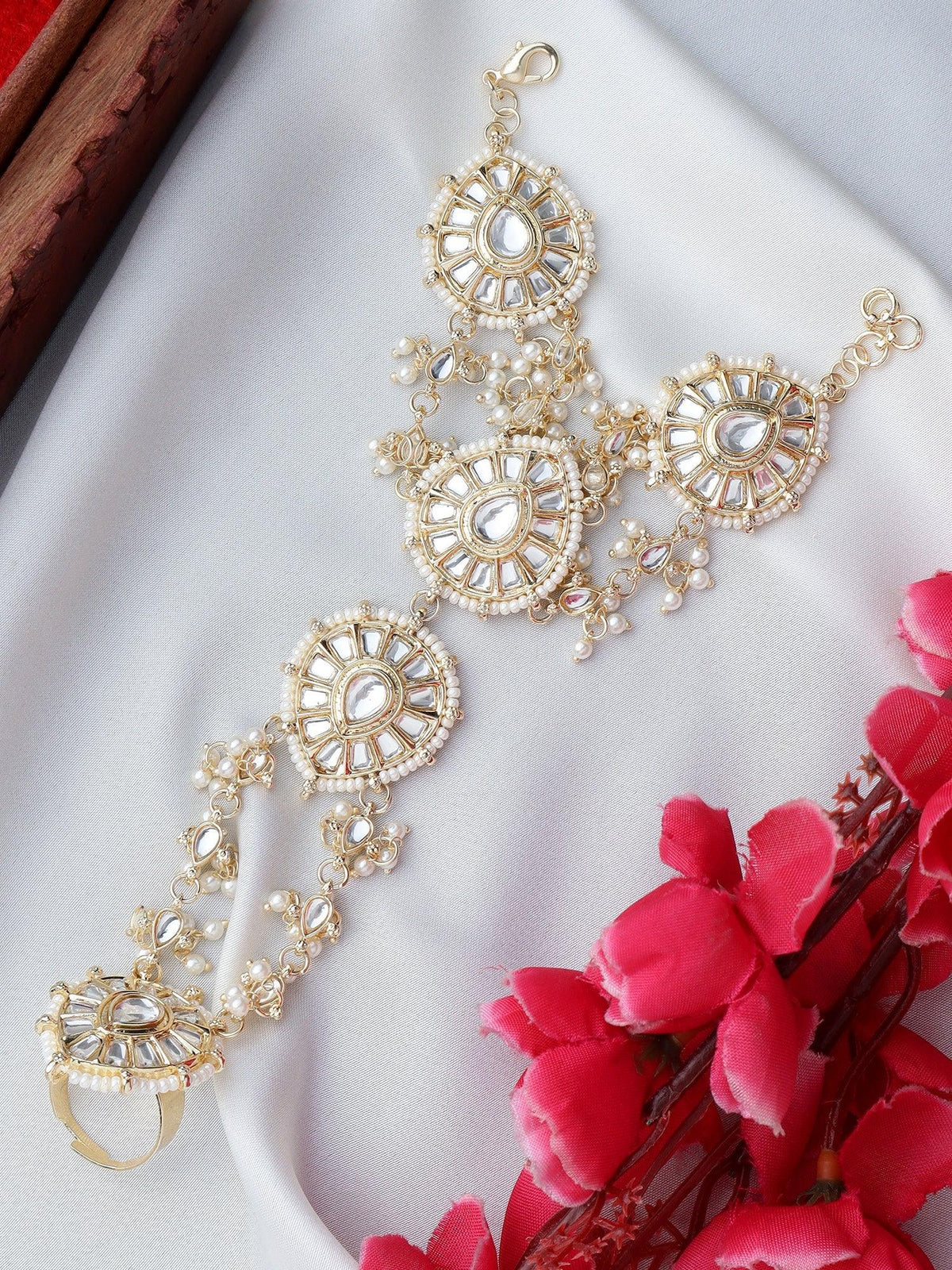 Bridal Kundan Stones Pearl Adjustable Haath Phool, Bridal Hand Harness, Kundan Stones Ring Bracelet, Indian Jewelry, Gift for Her, Set of 2 - Libasaa