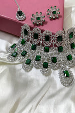 Trending American diamond bridal choker set with earrings and tikka