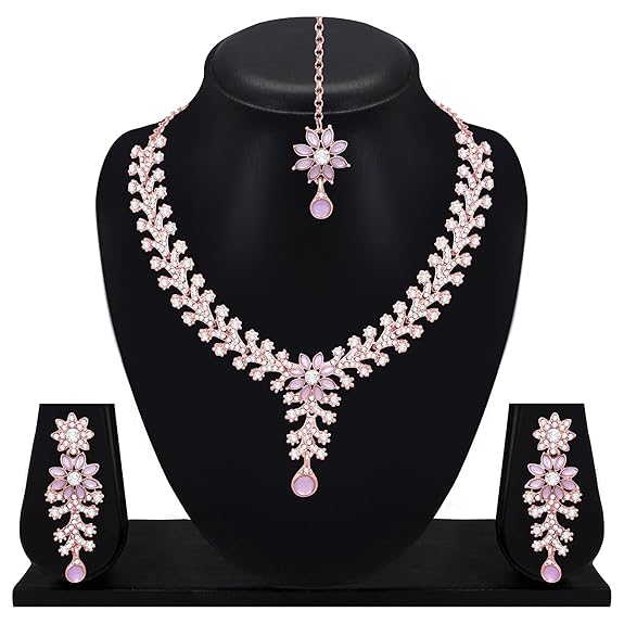 American Diamond Choker Necklace with Maang Tikka & Earrings, Traditional Bridal Wedding Jewelry Set
