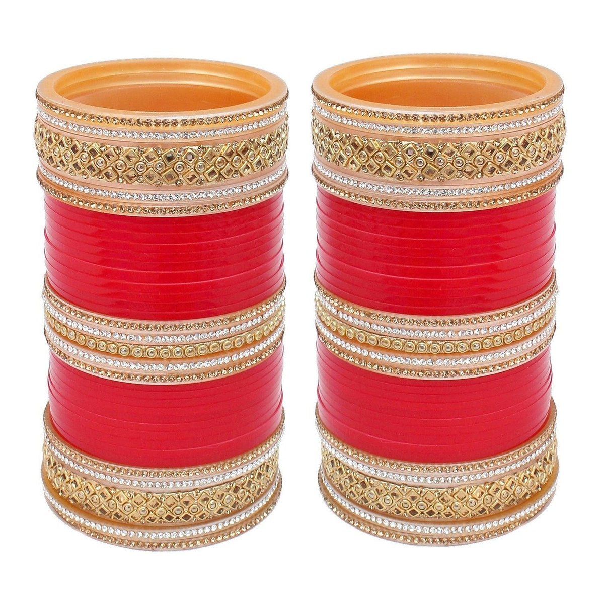 Red Bridal Dulhan Golden & White Stone Chura Designer Fashion Choora Punjabi Chuda Set