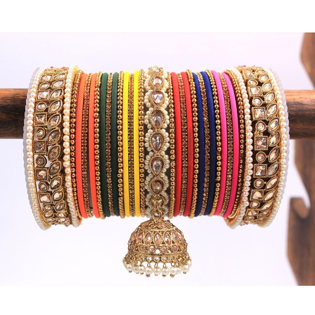 Indian Wedding Bangles With Stone Work Wedding Bangles Indian Jewelry with Jhumki Border