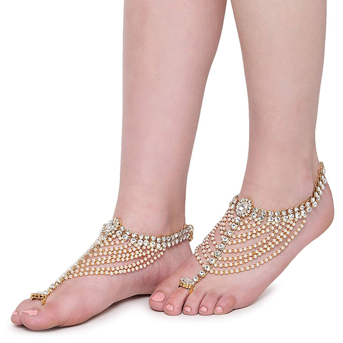 Antique Traditional Kundan Pearls Stone Gold Plated Payal Pajeb Payjeb Painjan Ghungroo Anklet Bracelet Pattilu for Women & Girls