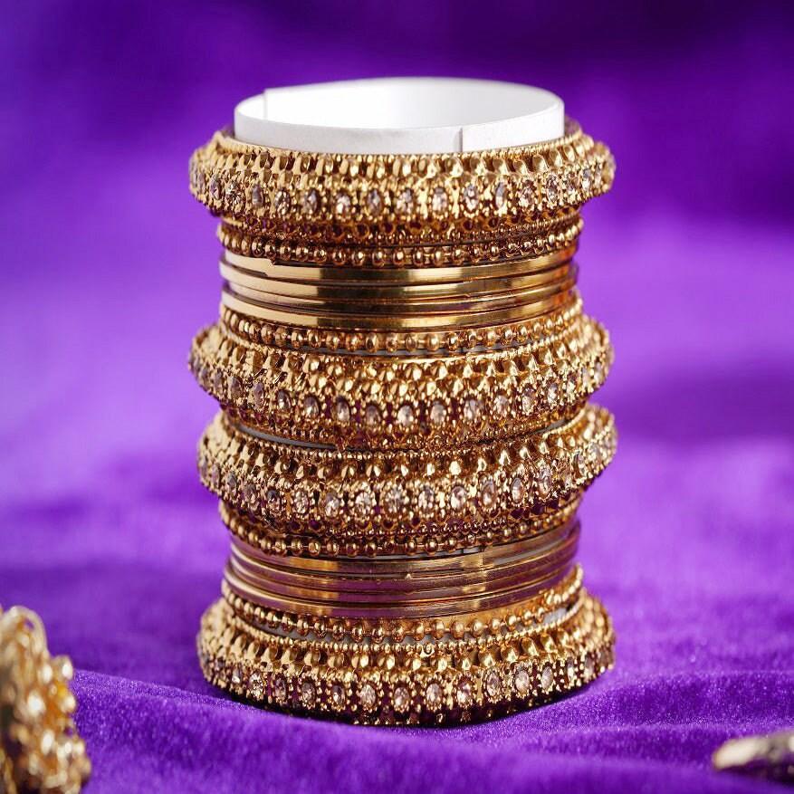 Indian bangle set , Bridal bangles, 16 Golden Metal Bangle Set, Brass Metal and Stone Bridal Bangle Set for Women