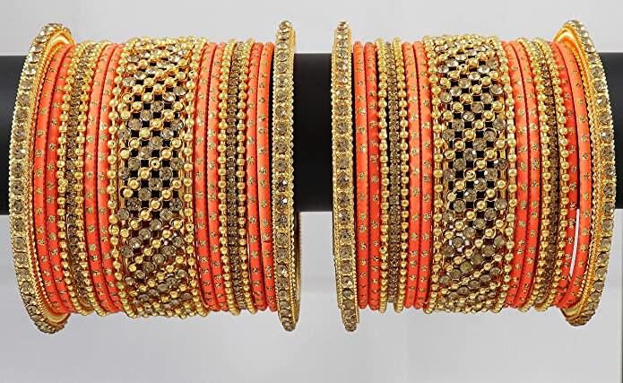 Indian bangle set , Bridal bangles, Metal bangles Chuda Set, Traditional wedding jewelry, Brass Metal and Bridal Zircon Bangle Set for Women