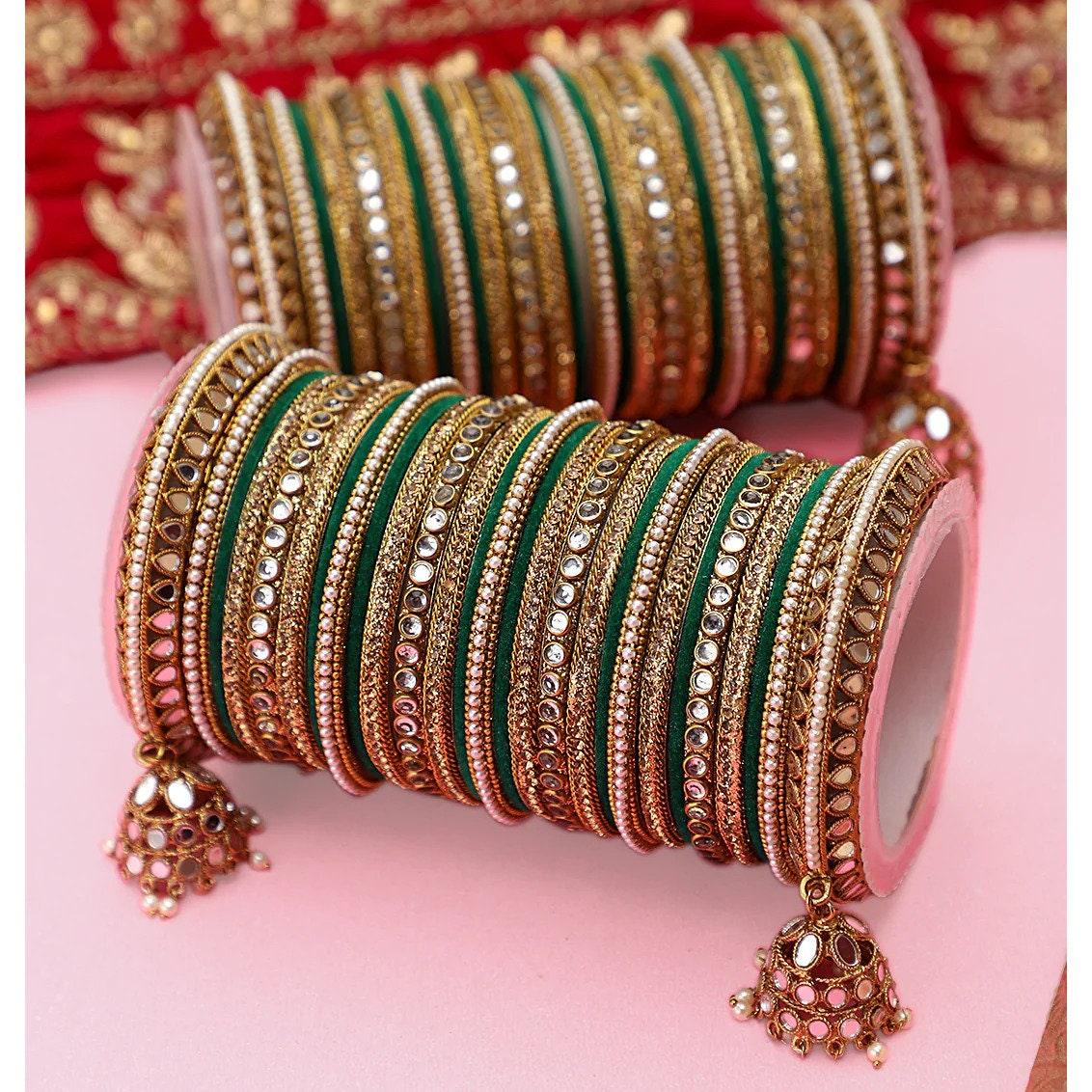 Indian bangle set , Bridal bangles, Traditional Mirror Bangle Set, Brass Metal and Stone Bridal Bangle Set with Jhumki, Wedding Jewelry
