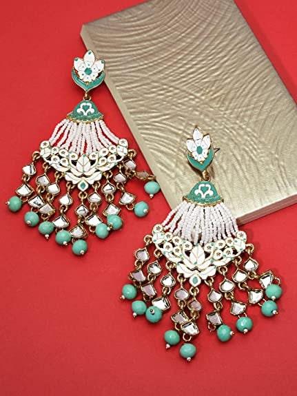 Mint Green clear crystal pair Meenakari Earrings danglers, Pearl Jhumka, Bollywood Earrings, Pakistani Earrings, Punjabi Jewelry/Jhumkas