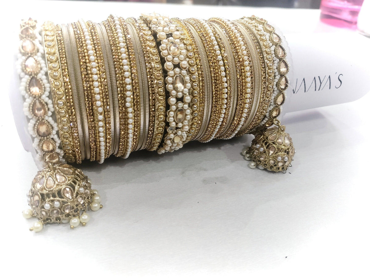 Rich Texture Pearl Indian Bangles Bracelet Set with Jhumki Borders, Indian wedding bangle set, Wedding Jewelry