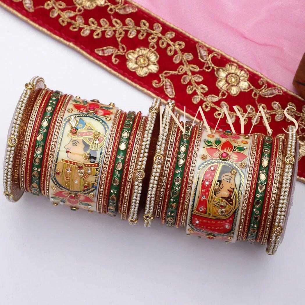 Raja Rani King Queen Rajwadi chuda, Bridal chuda, Dulhan Bridal Art Stones Bangles Set, Jaipur Rajasthani Indian chura, Red Green Chura Set