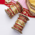 Traditional Ganesha Rajwadi chuda, Bridal chuda, Dulhan Bridal Art Stones Bangles Set, Jaipur Rajasthani Indian chura, Red Green Chura Set