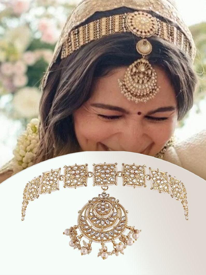 Alia Bhatt Inspired Floral Kundan Pearl Studded Rajasthani Sheeshphool/SheeshPatti, Indian Bridal Matha Patti / Matha phool / Indian Bridal