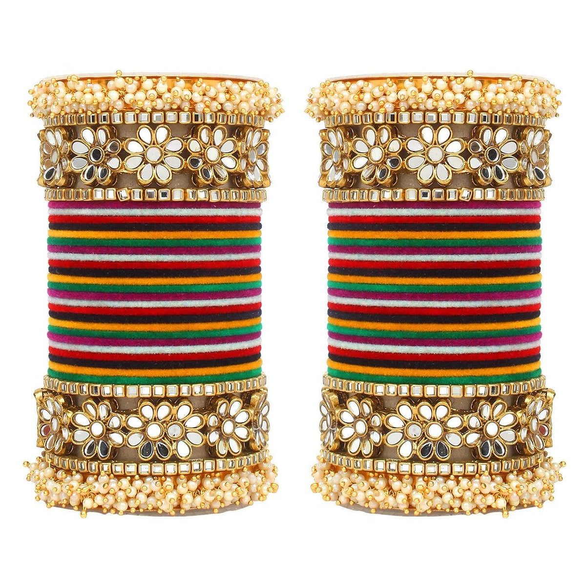 Flower Mirror Bangle Set, Indian bangle set , Velvet bangles, Traditional Wedding Bangles, Brass Metal and Stone Bridal Bangle Set