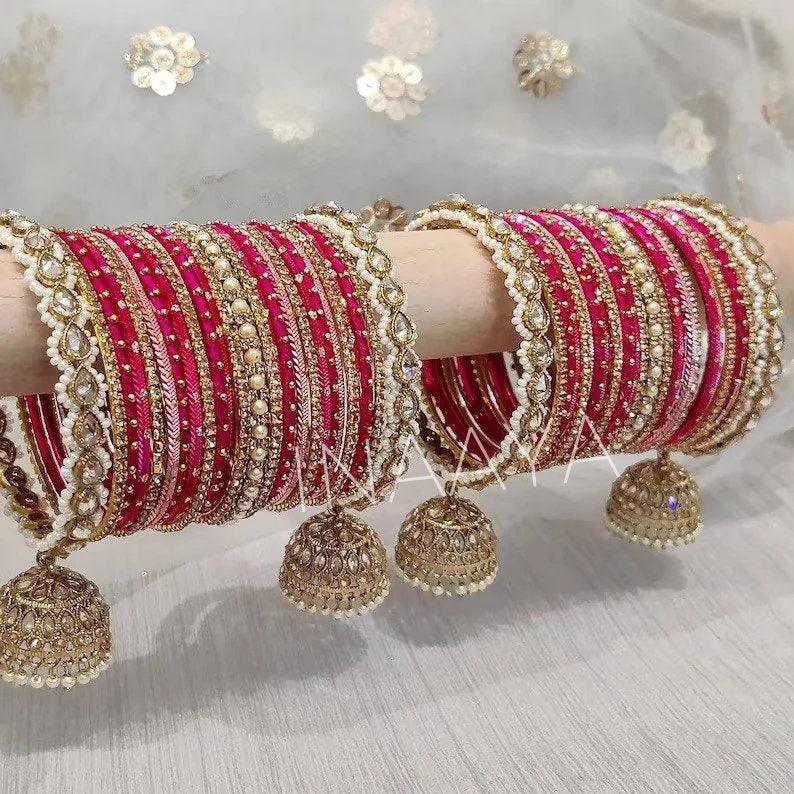 Indian Bangle Set in Different Colors Pearl Bangles Set with Jhumki Borders, Indian wedding Tassel Bangles Set Woman Jewelry Set