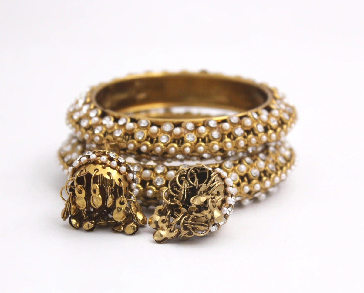 Set of 2 Golden Kundan Beaded Jhumki Bangles, Pearl & Stone Bangle, Cz Bangles, Bangles With Latkan, Indian Bangles