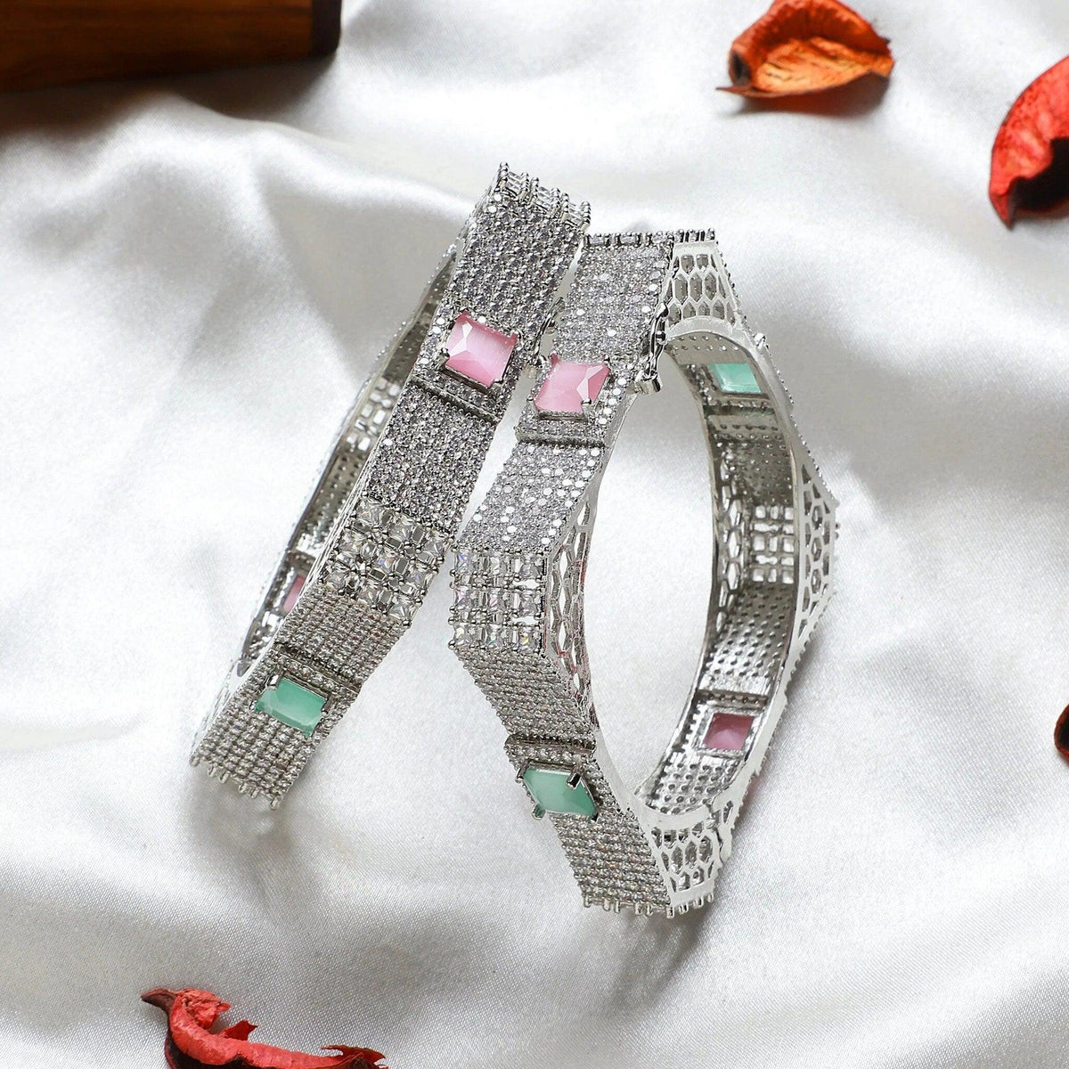 CZ/AD American Diamond Studded Silver Plated Traditional Round Solitaire Bangles Set / Indian jewelry / Indian Bangles / Wedding Bangles