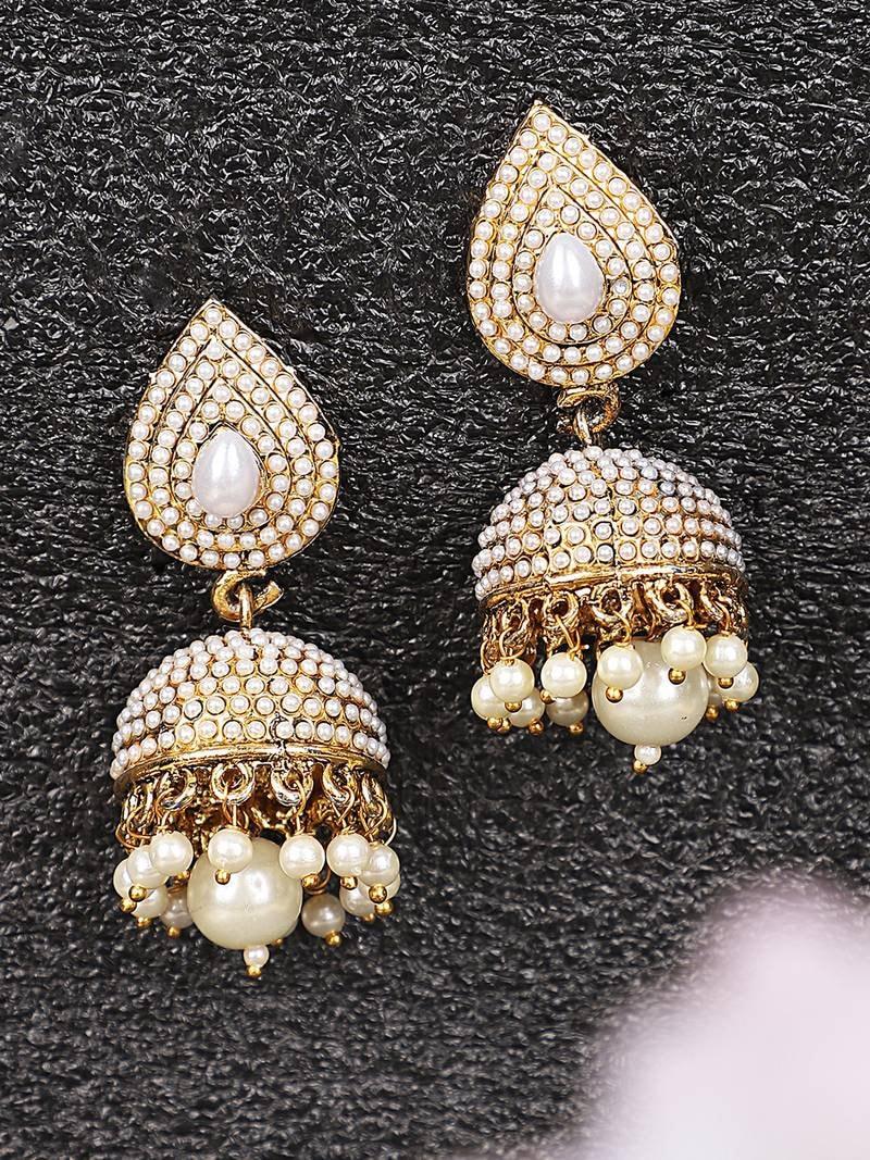 Jhumka earrings, Pearl Off White Brass Tear Drop Shaped Jhumka Earrings, Indian Pakistani ethnic jewelry jewellery danglers