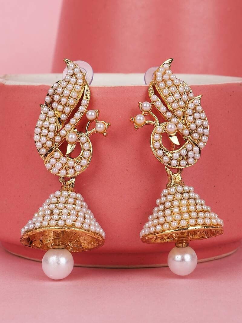 Pearl Jhumka Earrings, Peacock Shape, Pearl drop Earrings, Indian Wedding jewelry, partywear handcrafted designer earrings