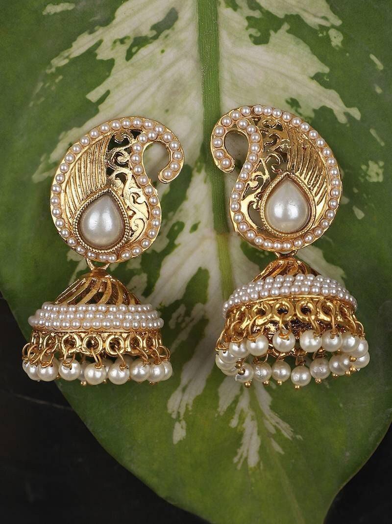 Indian Jhumka Earring, Carry Shaped Pearl Off white Brass Jhumka Earring, Celebrity Jhumkas Indian Earrings With Pearl Women Jewelry
