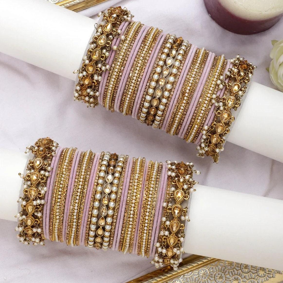 Velvet Bridal Bangles Set With Kundan Pearl Bangles, Indian Pakistani Bridal Bangles With Kundan Velvet Bridal Bangles Lightweight Jewelry