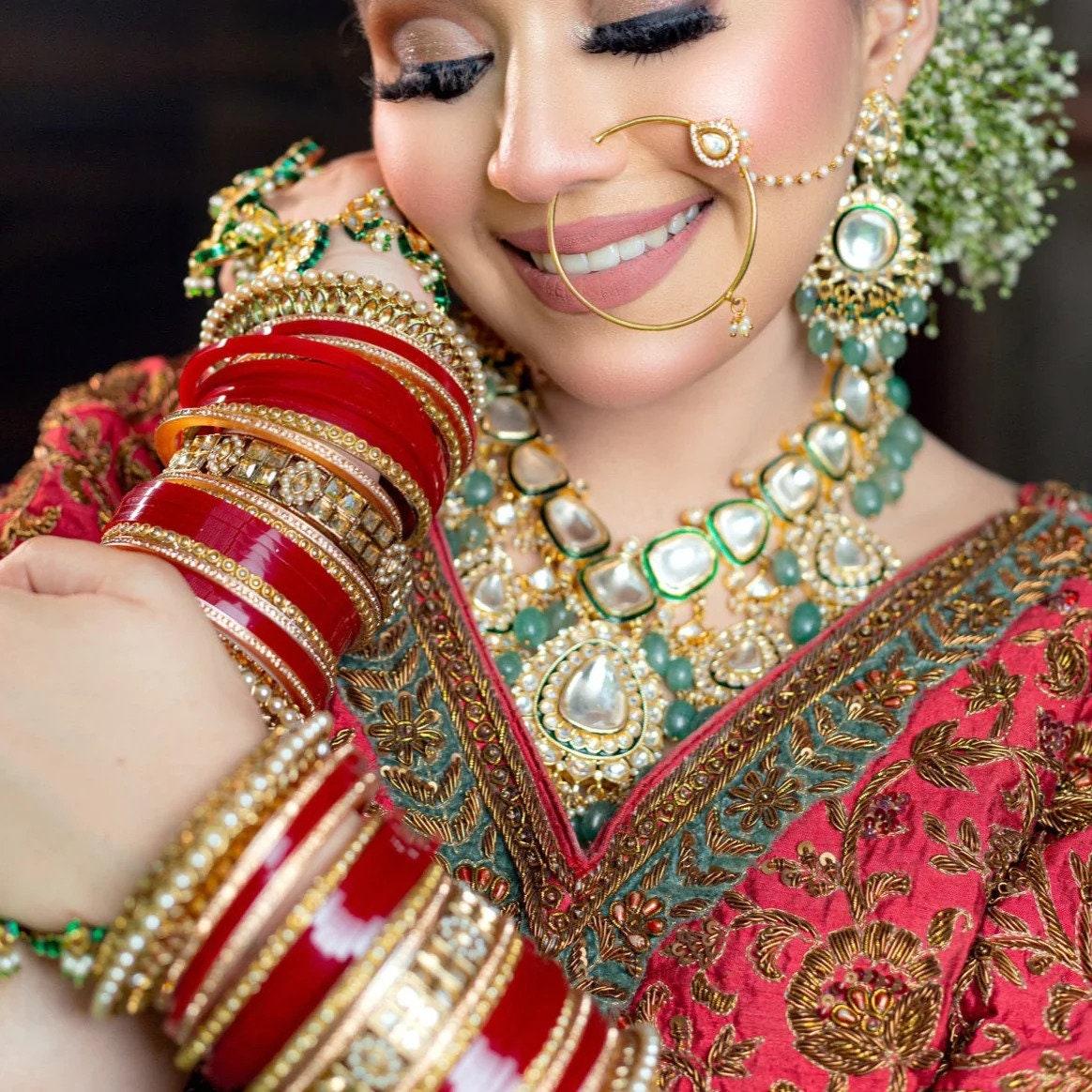 Bridal Punjabi Choora Wedding Wear Red Stone Pacheli Kada for Wedding, Punjabi Choora Indian Wedding Jewelry Chuda Set, Suhag Chuda