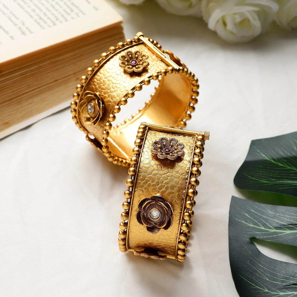 Rajasthani Jadau Stone Beads hand Bracelet/ Kada, Flower Motifs, Punjabi wedding jewelry - Set of 2 Bangles