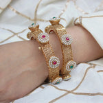 Rajasthani Jadau Stone Beads hand Bracelet/ Kada, Flower Motifs, Punjabi wedding jewelry - Set of 2 Bangles