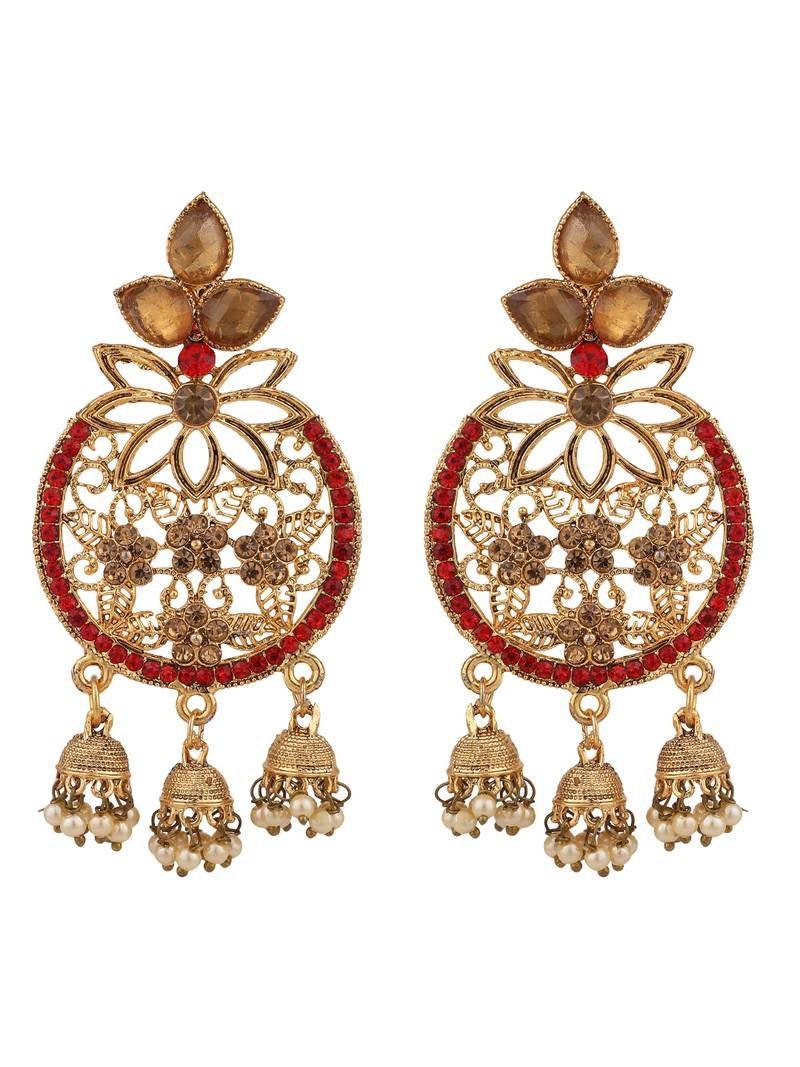 Chandbali, Red Golden Cubic Zirconia 3 Jhumki Chandbali Earring, indian jewellery, zircon, bollywood style, wedding jewellery, Kundan