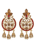 Chandbali, Red Golden Cubic Zirconia 3 Jhumki Chandbali Earring, indian jewellery, zircon, bollywood style, wedding jewellery, Kundan