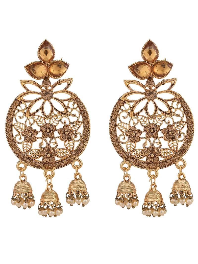 Chandbali, Red Golden Cubic Zirconia 3 Jhumki Chandbali Earring, indian jewellery, zircon, bollywood style, wedding jewellery, Kundan