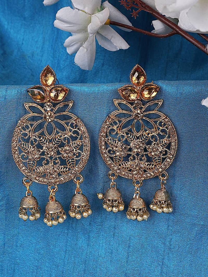 Chandbali, Red Golden Cubic Zirconia 3 Jhumki Chandbali Earring, indian jewellery, zircon, bollywood style, wedding jewellery, Kundan